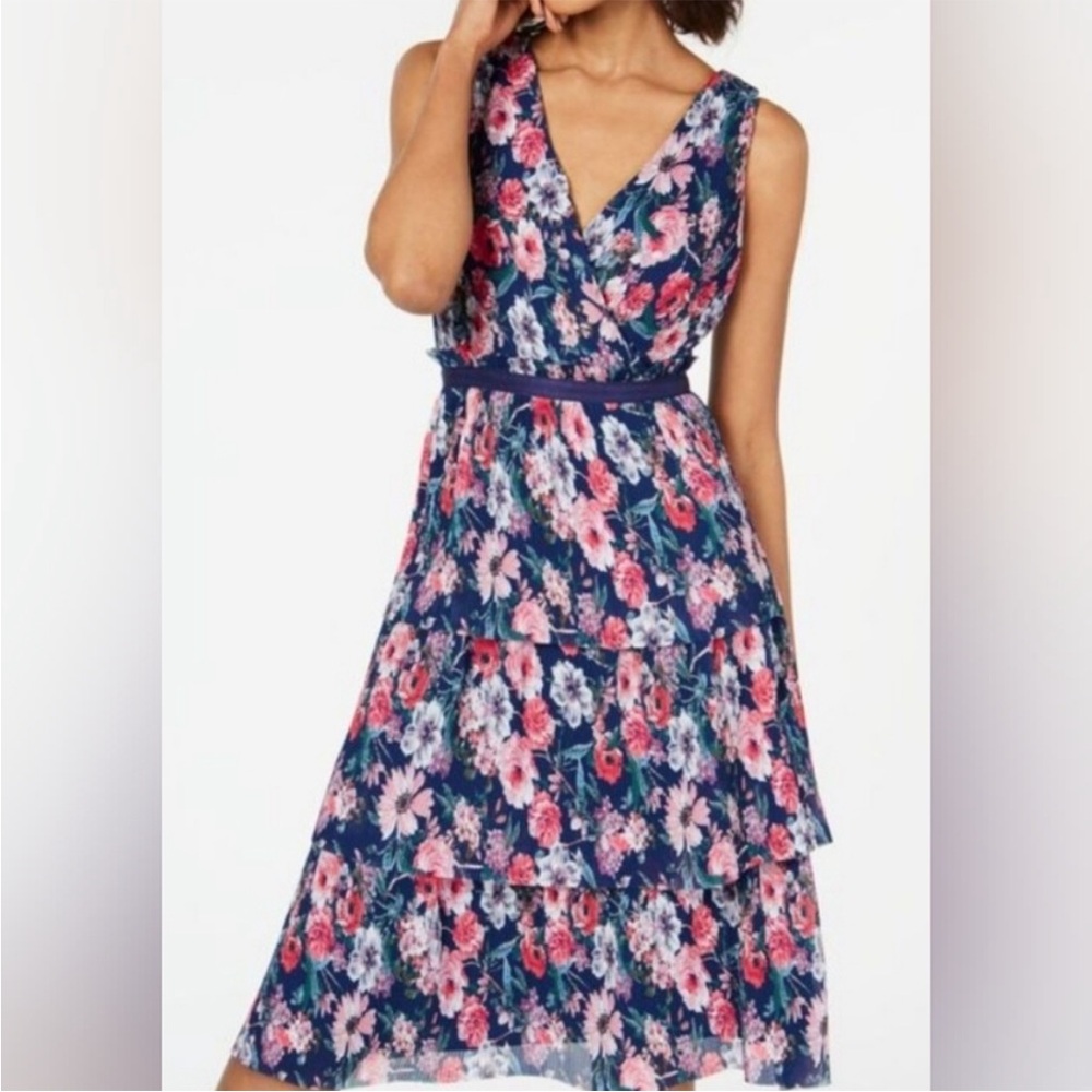 Adrianna Papell Navy Floral Midi Dress - Size 12